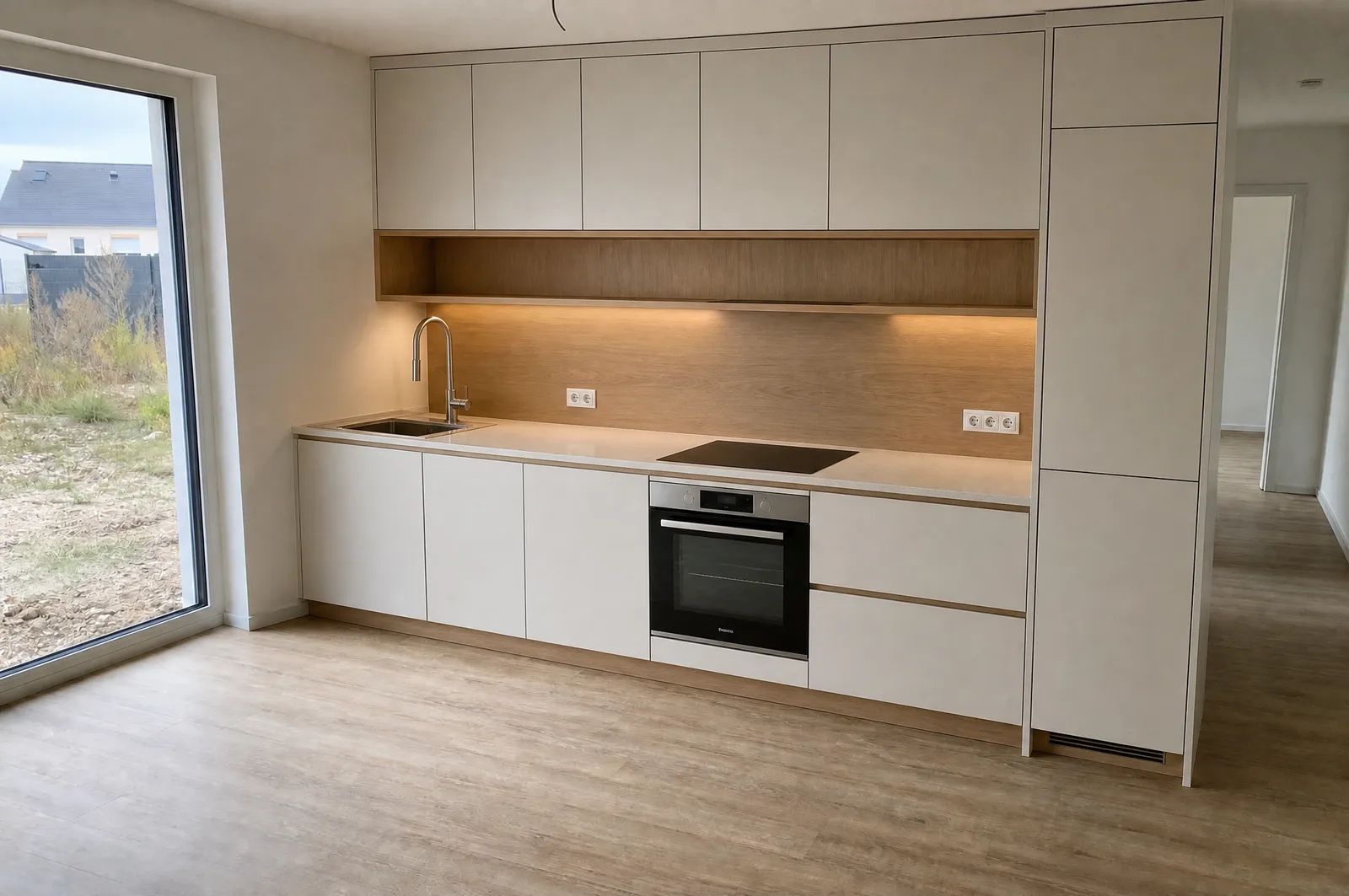 Moderne Einbauküche in Weiß und Eiche im Neubau (Visualisierung)